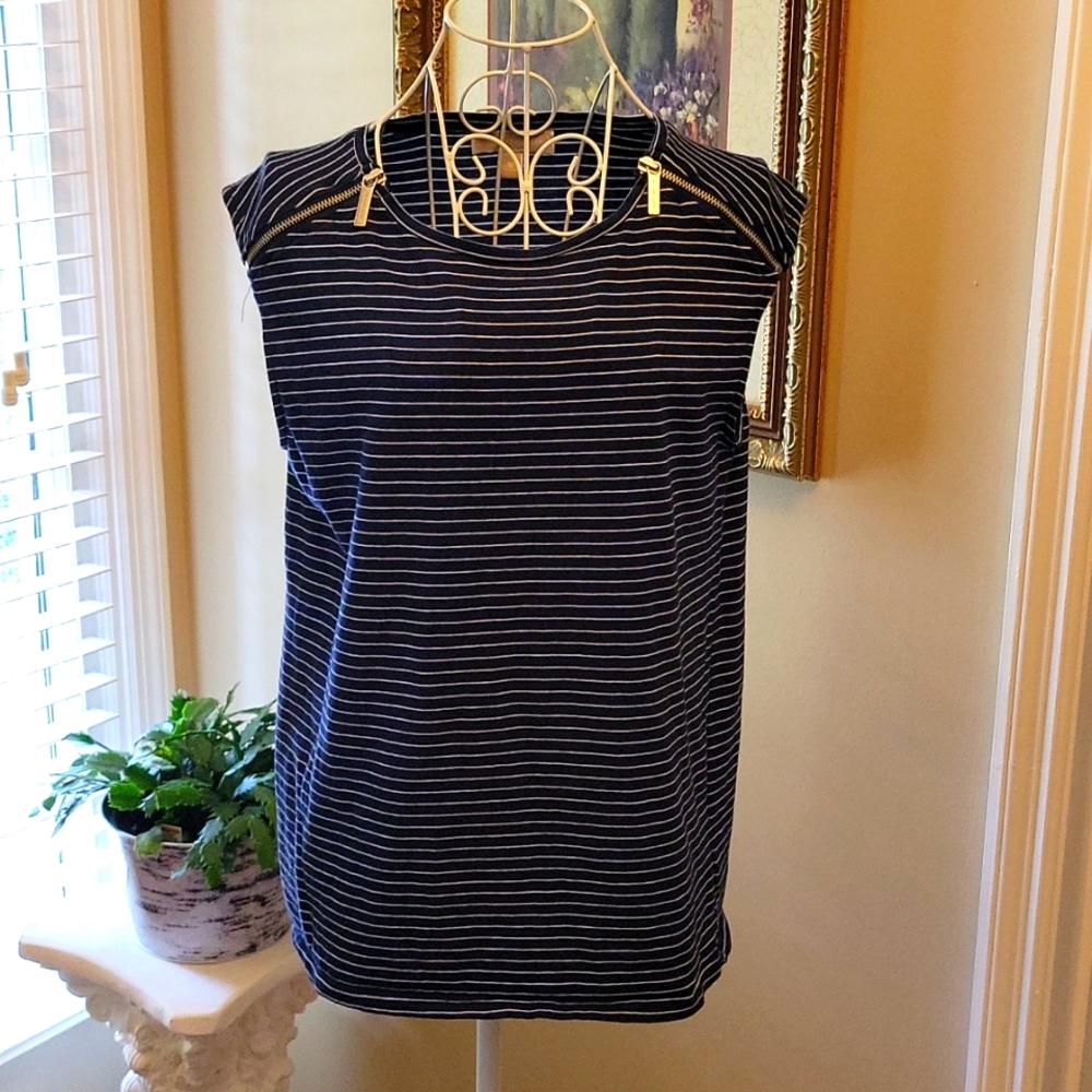 MICHAEL Michael Kors navy blue white stripe sleeveless top shoulder zip Med …EUC